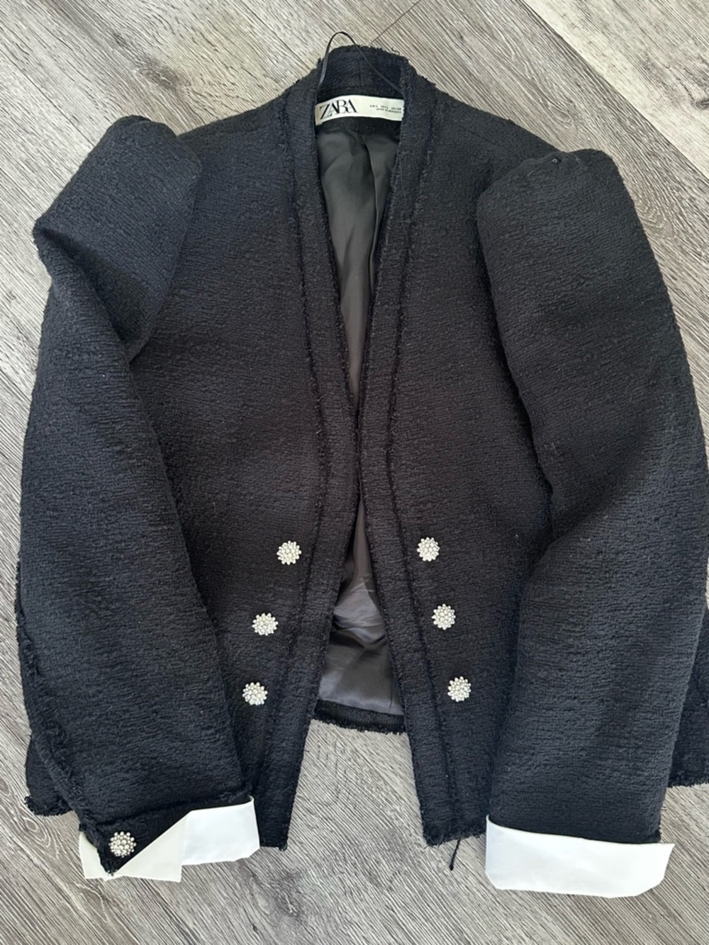 ZARA Black Bouclé Double-Breasted Blazer with Crystal Buttons
